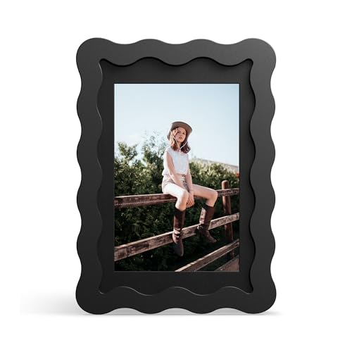 4x6 Picture Frame with Mat for 3.5x5, Wavy Edge Wooden Real Glass Photo Frame for Tabletop and Wall Hanging, Black, 1 Pack - color: Black, size: 4x6 in