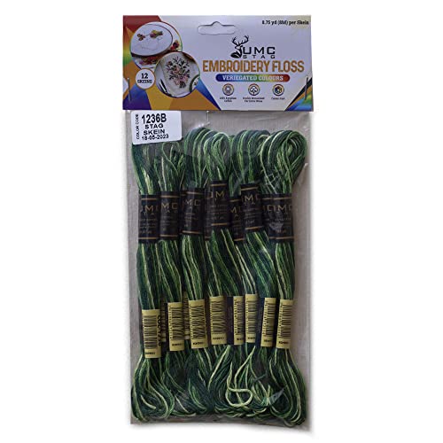 Pack of 12 Premium Embroidery Thread | 100% Egyptian Cotton Premium Skeins | Cross Stitch Embroidery Floss | Oeko TEX Certified Stranded Cotton | (Green Variegated 1236) - color: Green Variegated 1236