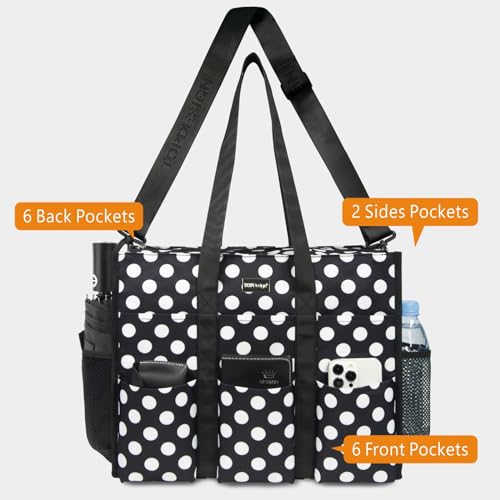 TOPDesign Utility Water Resistant Tote Bag with 22 Pockets, Zipper Closure - color: Polka Dots, size: Medium