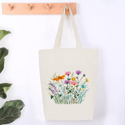 Embroidery Kit Canvas Tote Bag, Hand Embroidery Kit with Floral Pattern for Beginners, Cross Stitch Kits for Adults, Arts and DIY Crafts Kits, Embroidery Starter kit with Embroidery Bag and Tools - color: Beige Multi