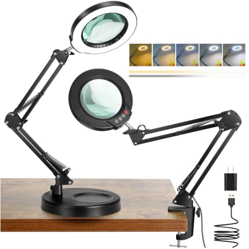 Coyeth 12X Magnifying Glass with Light and Stand, 5 Color Modes Stepless Dimmable 2-in-1 Lighted Magnifier with Clamp, LED Desk Lamp Hands Free for Crafts Hobby Reading Painting Sewing Close Work - color: Black, size: 12X 20inch Base & Clamp