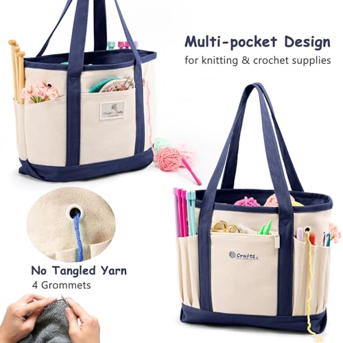 MYBAGZING Canvas Yarn Storage Organizer Bag Washable Crochet Bag with Pockets for Yarn, Hooks, Needles – Travel Knitting Tote for Crafters – Gift for Crocheters & Knitters (Medium/Large) - color: Nature-Navy, size: Medium-12.5“