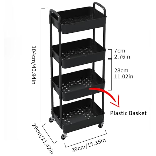 Sywhitta 4-Tier Plastic Rolling Utility Cart with Handle, Multi-Functional Storage Trolley for Office, Living Room, Kitchen, Movable Storage Organizer with Wheels, Black (Pack of 2) - color: Black, size: 4-tier (Pack of 2)