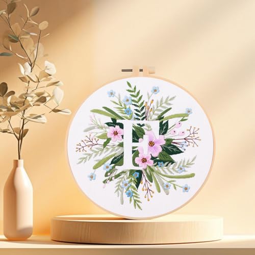 IUHUI Embroidery Kit for Beginners Adults - 26 Floral Letters Easy Patterns, DIY Hand Stitching Embroidery Set with Hoop (Flower and Grass Letter F) - color: Flower and Grass Letter F