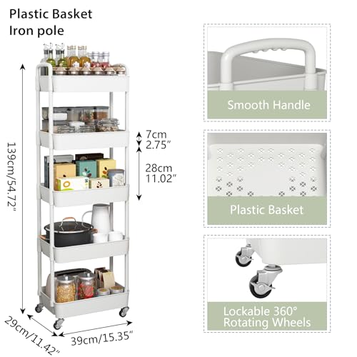 Sywhitta 5-Tier Plastic Rolling Utility Cart with Wheels for Storage,White - color: White, size: 5-tier