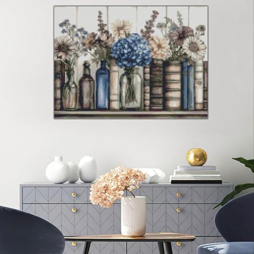 Stamping Cross Stitch Kit Books Flowers, Counting Cross Stitch Kit for Adult Beginners, with Glass Bottles Full Line DIY Cross Stitch Stitching Kit for Home Decor Cross Stitch Patterns 15.7x11.8inches - color: D022