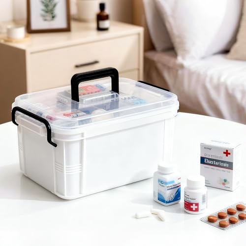2-Tier Medicine Organizer - Plastic Portable Storage Box with Handle White - color: white
