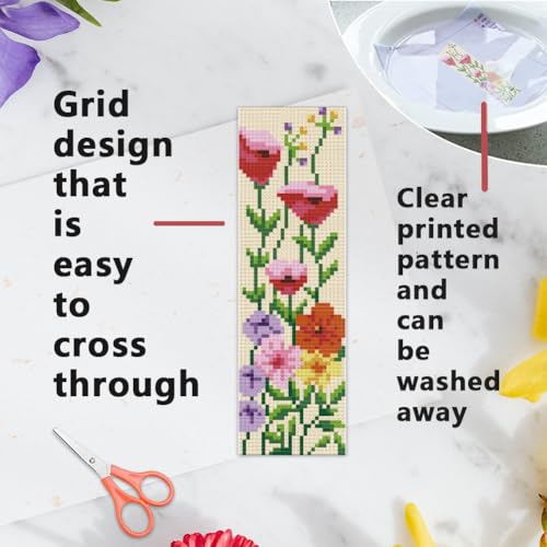 INFUNLY 6 PCS Wildflower Cross Stitch Bookmarks Kits Floral Counted Cross Stitch Bookmark Set with Embroidery Thread Needles, DIY Embroidery Bookmark Crafts Supplies for Adults Reading Book Lover Gift - style: Wildflower
