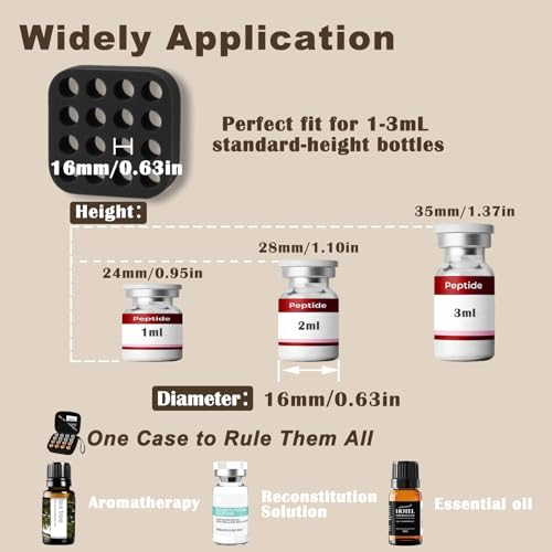 Peptide Vial Case for Fridge Storage - 16 Slot Organizer Holds 1-3ml Vials for Insulin, GLP-1, Peptides,Hard Shell Travel Case with Hand Strap,Black - color: Black-16 Slots