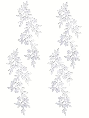 4 Pieces 10x5inch Long Patch Flower Vine with Leaf Iron on Patch Embroided Applique for Garment Curtain Pillow Blanket Trimming Shoes Jeans Clothing Embelishments (White) - color: White