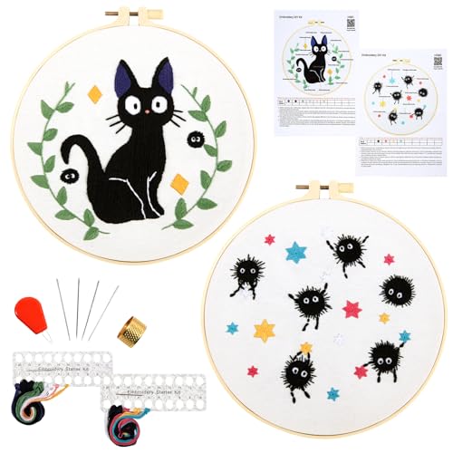 Cat Embroidery Starter Kit for Beginners Adults, Animal Stamped Cross Stitch Kit for Adult Beginner, Hand Embroidery Needlepoint Kits, 2 Set Embroidery Supply, 2 Hoops (Attached Video Tutorial) - color: Black Cat, size: 8inch