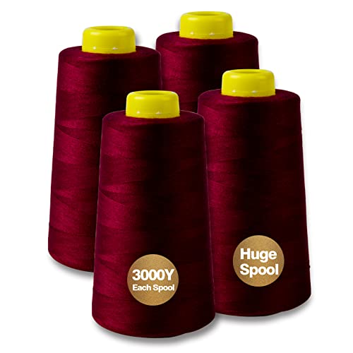 Burgundy Serger Thread All-Purpose Thread for Sewing, Polyester, 4 Cones of 3000 Yards Each Spool for Sewing Machine - color: 4 Burgundy