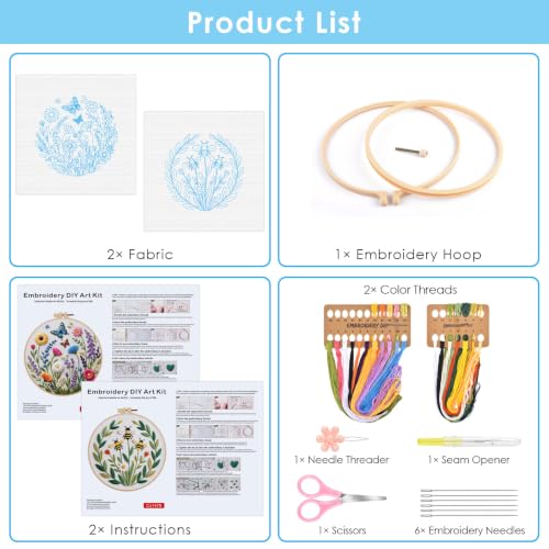 ERKOON 2 Set Embroidery Kit for Adult Beginners Flower Bee Cross Stitch Set - color: Flower Bee