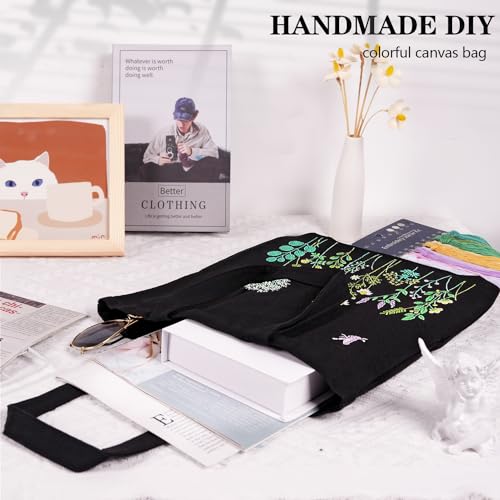Canvas Tote Bag Embroidery Kit, Embroidery Kit for Beginners Adults, Embroidery Starter kit with Flower Pattern, Canvas Bag Cross Stitch Kits, Cross Stitch Kit with Hoops, Color Threads and Tool - color: Black Green