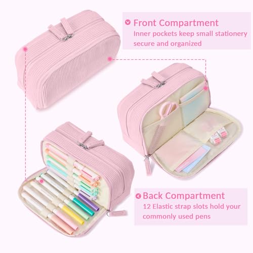 Sooez Big Capacity Pencil Case Pen Pouch, Soft Corduroy Pencil Bag - color: Pink