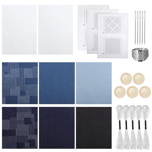DORMIYA Sashiko Kit for Beginners, Water-Soluble Sashiko Thread and Needles Set, Pure Fabric Sashiko Stencil Kit, Versatile Sashiko Supplies, Embroidery Transfer Templates for DIY Crafts - color: Style 3