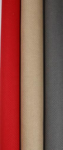 KCS 3 pc of 15" x 18"(38cmx45cm) 16 Count Cross Stitch Cotton Aida Cloth Needlework Rolled Fabric Box,16CT,Red+Khaki+Dark Grey - color: Red+khaki+dark Grey, size: 16CT