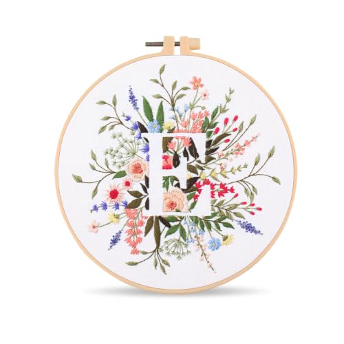 Harimau Letter E Pattern Embroidery Kit for Adult Beginners, Complete Starter Pack with 1 Hoop, Needles, Instruction Guide & Embroidery Stitch Video Tutorials - color: White E