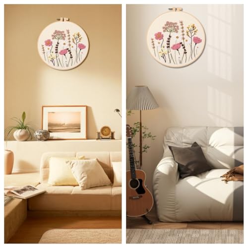 IUHUI Embroidery Kit for Beginners Adults - Thriving Flowers and Plants Easy Patterns, DIY Hand Stitching Embroidery Set with Hoop (Pink White Flowers) - color: Pink White Flowers