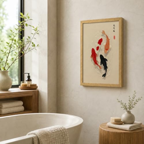 MBFBBD Japanese Koi Fish Framed Wall Art, Trendy Animal Aesthetic Print, Zen Vintage Koi Painting Picture Traditional Oriental Wall Decor for Living Room Meditation Room Bedroom 12x16in - color: Koi Fish, size: 16"L x 12"W