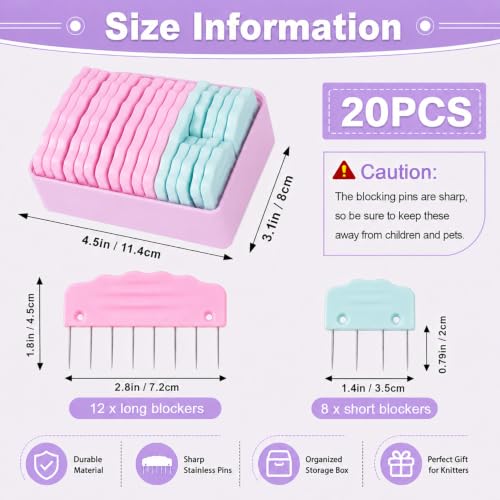 UEMNG 20pcs Knit Blocking Pin Kit, Knit Blockers Combs for Crochet Knitting Blocking Board Mats, Knit Blocking Pins for Crochet Projects Sewing Lace Needlework Projects Tool (Pink Blue) - color: Pink Blue