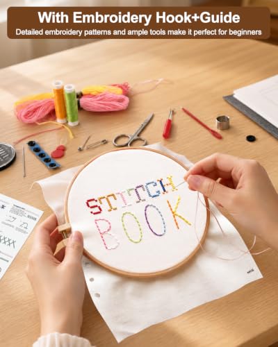 yewgag 2026 New Embroidery Stitch Book Kit,Loose-Leaf Design,Large Size,with 6'' Embroidery Hoop,24 Colors Embroidery Thread,138 Patterns,Stitch Diagram,Complete Sewing Tool,Sewing Kits for Beginners
