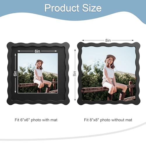 8x8 Picture Frame with Mat for 6x6, Wavy Edge Wooden Real Glass Photo Frame for Tabletop and Wall Hanging, Black, 1 Pack - color: Black, size: 8x8 in