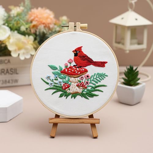 Louise Maelys Cardinal Mushroom Embroidery Kit for Beginners DIY Craft - color: Cardinal