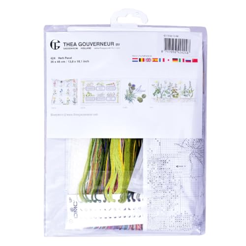 Thea Gouverneur - Counted Cross Stitch Kit - Herb Panel - Linen - 36 Count - Embroidery Kit for Adults - DMC Embroidery Threads and Other Cross Stitch Supplies Included - 424 - color: 424 Linen
