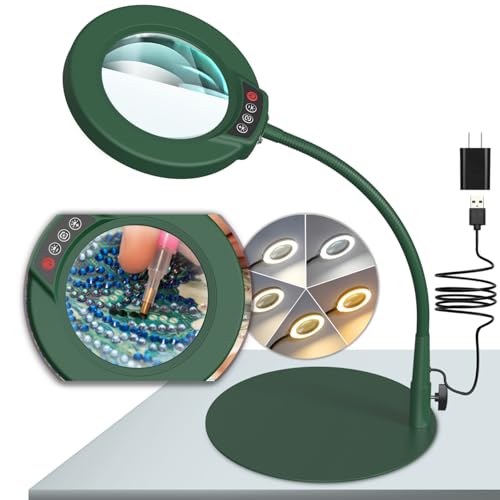 10X Magnifying Glass with Light and Stand, 5 Color Modes Stepless Dimmable LED Lighted Desk Lamp, Hands Free Flexible Gooseneck Magnifier with Light for Craft Hobby Painting Close Work - Green - color: Green, size: 10X-12.6in