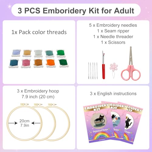 Huacan Embroidery Kit for Adults Beginners with 3 Hoops & Gift Box - color: Cat