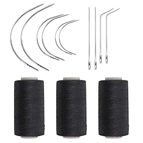 Ryalan Weaving Needle Combo Deal Black Thread with 10pcs Needle for Making Wig Sewing Hair Weft Hair Weave Extension, Big Medium and Small C J Shape Curved Needle I Needle (3 Thread Black + 10 Needle) - color: Black