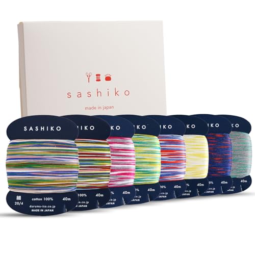 DARUMA Sashiko Thread 100% Cotton Card Type (43.7 yd) x 8 Colors with English Manual, Sewing & Embroidery Value Set with Gift Package (Thin, Kasuri) - color: Kasuri, size: Thin