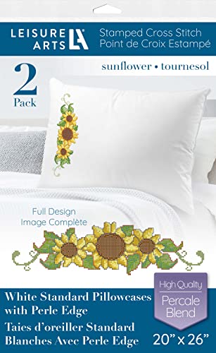 Leisure Arts Pillowcase 20"X26" Sunflower 2Pc, Embroidery Pillow Kit, Stamped Embroidery Pillowcases, Pillow Cases Stamped, Stamped Cross Stitch Cases