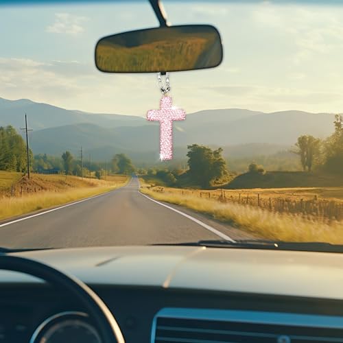 Bling Car Rear View Mirror Accessories Hanging Pendant,Cross Crystal Rhinestone For Car Mirror Hanging,Double-Sided Cross Diamond Religious,Interior Men Women Car Accessories - color: Pink