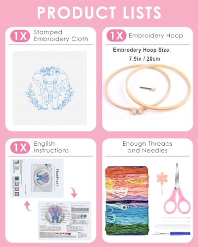 TINDTOP Embroidery Kit for Beginners Adult, Elephant Embroidery Kit for Beginners Include Embroidery Cloth Hoops Threads for Craft Lover Hand Stitch with Embroidery Skill Techniques - color: Elephant
