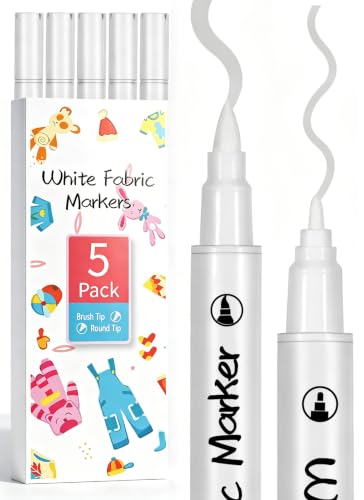 White Fabric Markers 5PCS, Dual-Tip Fabric Permanent Markers for Dark Clothes, Fabric Paint Pens for T-Shirts, Jeans, Canvas Shoes, Bags & Hats - color: White