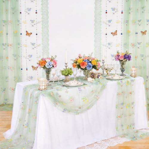 Floral Gauze Table Runner Green 10ft Embroidery Tulle Spring Wildflower - color: Green, size: 27"x120",1pc
