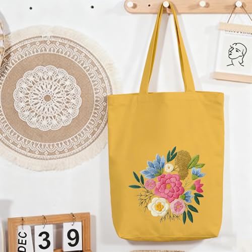 CREAWONDER Canvas Tote Bag Embroidery Kit with Pattern for Beginners, Arts and DIY Embroidery Crafts Kits for Adults, Include Instructions, Embroidery Hoops, Color Threads and Tool - color: CR002 qingqingziyan yellow