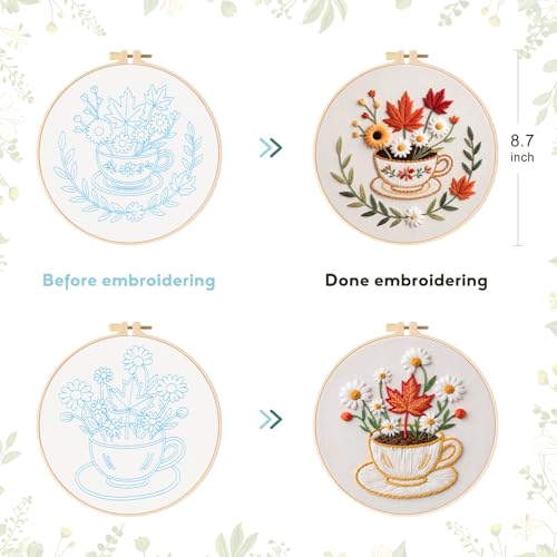 MAKHOT Folwer Embroidery Kits for Beginners with Cross Stitch Kits, Embroidery Hoop, Tools,Colorful Threads,Step by Step Instructions,Adults Starter Cross Stitch Kit DIY Needlepoint(2PCS Cup Flower) - color: 2PCS Cup Flower