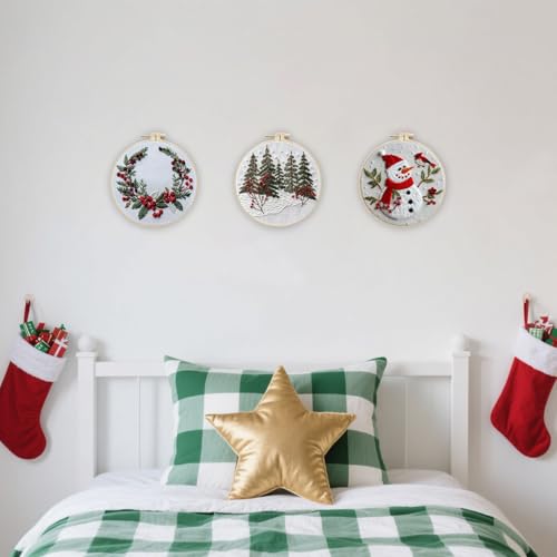LB Red Christmas Embroidery Kit for Beginners Adults, 3 Sets Hand Embroidery Starter Kit with Cute Snowman and Instructions Stamped Cross Stitch Kits Include Embroidery Hoop Needles Threads Scissors - color: Red White