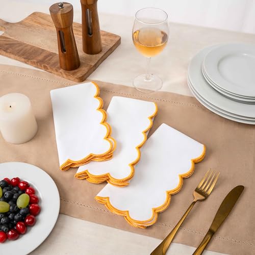 Blue Needles Cotton Scalloped Embroidery Cloth Napkins 17X17Inch - Set of 4 - color: White(edges - Golden Yellow)