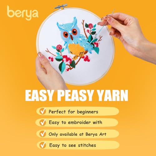 BERYA Owl Embroidery Kit, Embroidery Kit for Adult, Owl Pattern Practice Kit, Including Video Step by Step Instructions, Embroidery Hoop, Cloth, Needles and Thread for DIY Craft Lover (BEO011) - color: owl blue