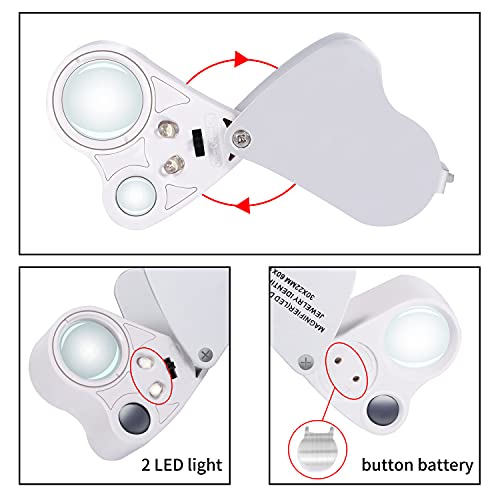 Jiusion 2 Pack Black Portable LED Lighted 30X 60X Jewelry Magnifier Loupe - color: White, size: 2 Pack
