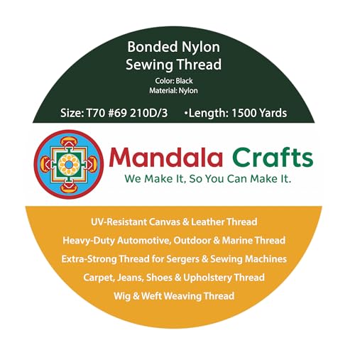 Mandala Crafts Size 69 210D T70 Black Bonded Nylon Thread, 1500 YDs - color: Black, size: T70 #69 210D/3 1500 Yards
