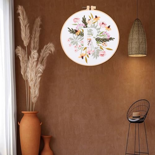 IUHUI Embroidery Kit for Beginners Adults - 26 Floral Letters Easy Patterns, DIY Hand Stitching Embroidery Set with Hoop (Flower and Grass Letter R) - color: Flower and Grass Letter R