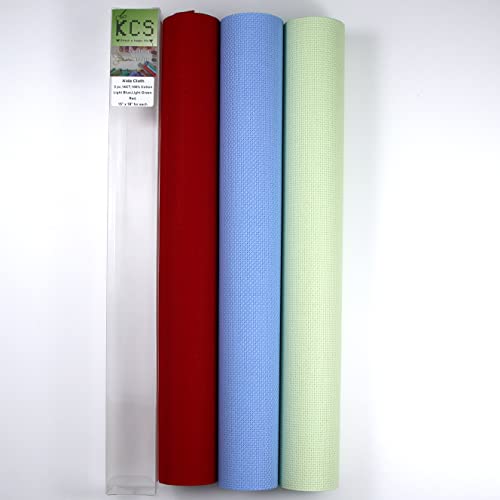 KCS 3 pc of 15" x 18" Counted Cross Stitch Cotton Aida Cloth Needlework Fabric,14CT,Light Blue+Light Green+Red - color: Light Blue+light Green+red, size: 14CT