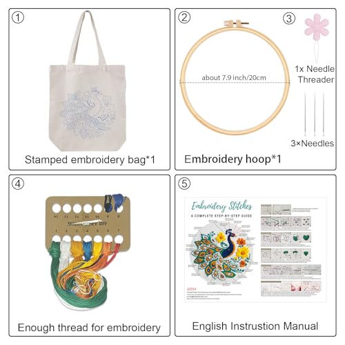 Louise Maelys Peacock Flower Embroidery Kit for Beginners Canvas Tote Bag - color: Peacock