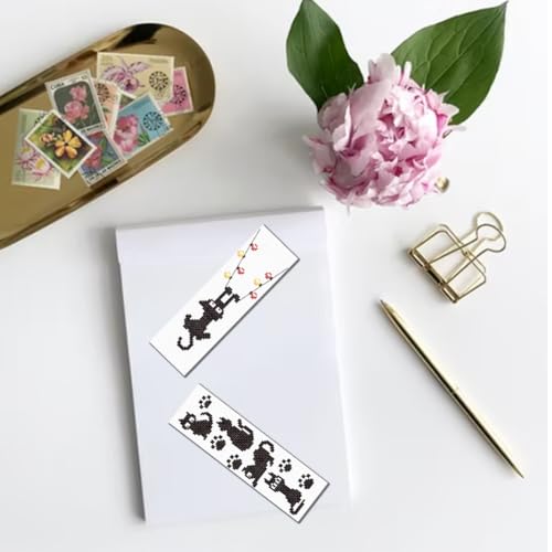 FREEBLOSS 6 Set Cross Stitch Bookmark Kits 11CT 8"x2.4" Black Cat Theme - style: Sketched kitten