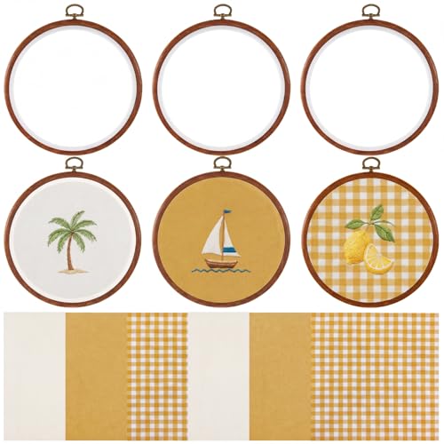 Tudomro 12 Pcs Decorative Embroidery Hoop with Fabric Set 6.7" Round Imitated Wood Cross Stitch Frame & 11.8" Yellow Pre-Cut Cloth Squares for DIY Art Craft Sewing Hanging Ornament - color: Mustard Brown